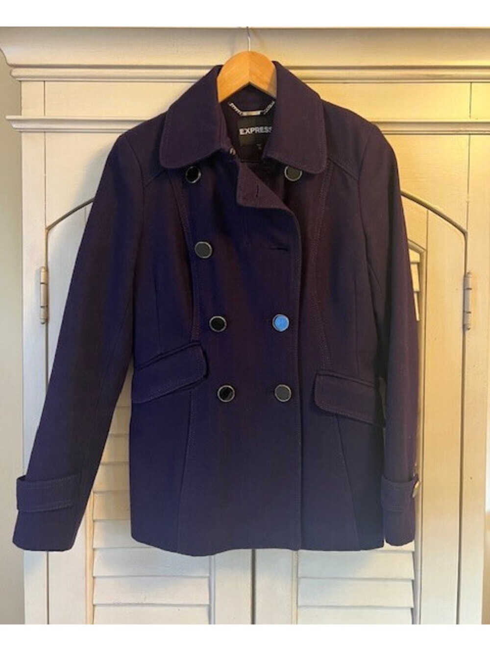 EXPRESS Wool Blend Double Breasted Coat Rich Purple - Extra Small